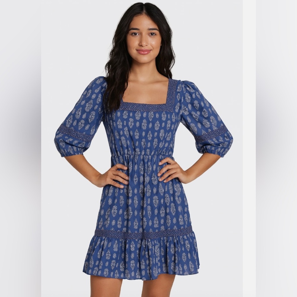 A Loves A Blue Boho Floral Dress S NWT Puff Sleeve Tiered Square Neckline READ